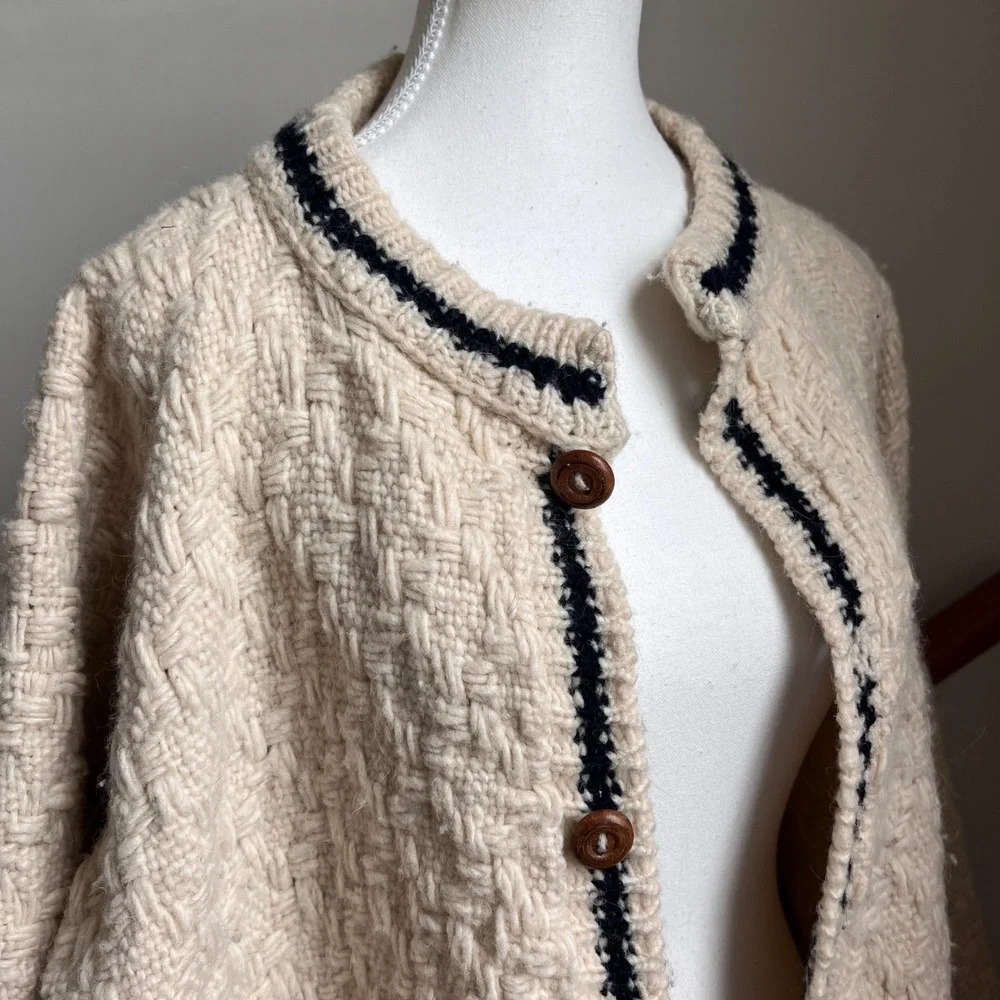 Vintage Chunky Cardigan Sweater Cream Basketweave Hand Knit Button Up Oversized
